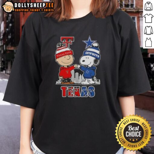 Texas Tech Red Raiders x Dallas Cowboys skyline tee featuring Snoopy and Charlie Brown design for ladies.