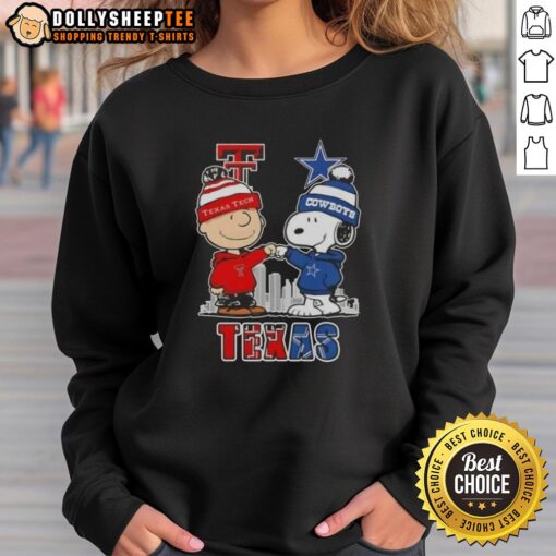 Alt Text: Cozy sweatshirt featuring Snoopy and Charlie Brown with Texas Tech Red Raiders and Dallas Cowboys skyline design.
