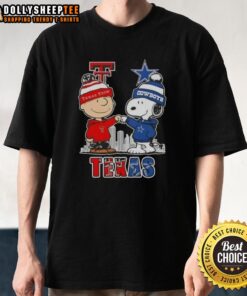 Top Snoopy and Charlie Brown Texas Tech Red Raiders x Dallas Cowboys skyline t-shirt featuring iconic characters and logos.