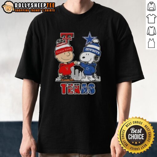 Top Snoopy and Charlie Brown Texas Tech Red Raiders x Dallas Cowboys skyline t-shirt featuring iconic characters and logos.