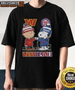 Top Snoopy and Charlie Brown Washington Sports Commanders X Nationals Skyline T-Shirt featuring iconic characters and city skyline.