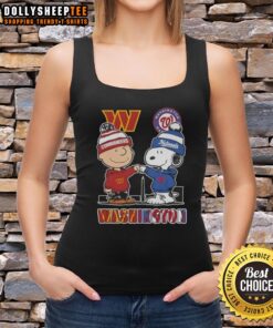 Alt Text: Snoopy and Charlie Brown Washington Sports Commanders x Nationals skyline tank top design showcasing team spirit.