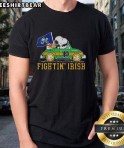 Alt Text: Top Snoopy and Woodstock driving a car on a Notre Dame Fighting Irish T-Shirt design, perfect for fans.