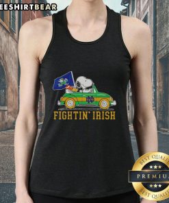 Alt Text: Snoopy and Woodstock driving a car on a Notre Dame Fighting Irish tank top, showcasing a fun cartoon design.
