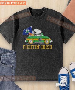 Top Snoopy and Woodstock driving a car on a Notre Dame Fighting Irish washed t-shirt design.