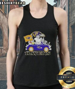 Alt Text: Snoopy driving a car in a Baltimore Ravens football tank top, showcasing team spirit and playful design.