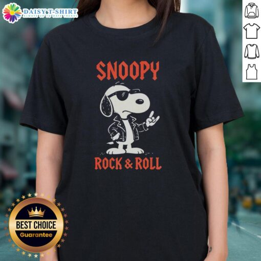 Top Snoopy Rock and Roll Ladies Tee featuring a vintage Snoopy graphic, perfect for music lovers and stylish casual wear.