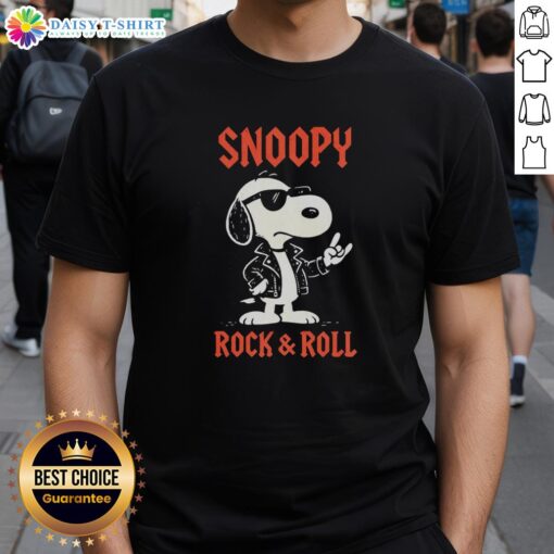 Top Snoopy Rock And Roll T-Shirt featuring Snoopy in a vibrant rock pose, perfect for music lovers and Peanuts fans.