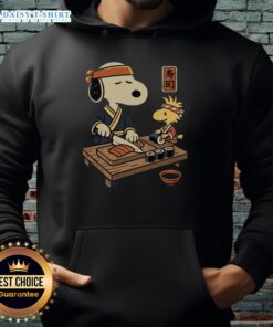 Top Snoopy Woodstock Sushi Tomodachi Club hoodie featuring colorful cartoon graphics and a cozy design.
