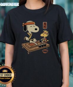 Top Snoopy & Woodstock Sushi Tomodachi Club Ladies Tee featuring vibrant graphics and a fun design for fans.