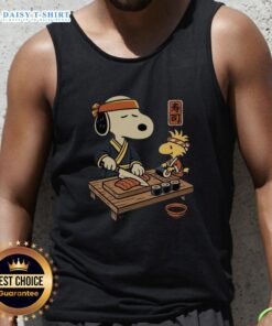 Alt Text: Top Snoopy Woodstock Sushi Tomodachi Club tank top featuring vibrant graphics of beloved characters.