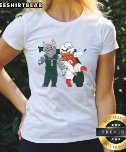 Top South Florida Bulls and Miami Hurricanes mascot ladies tee featuring vibrant team graphics and a comfortable fit.