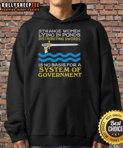 Top Strange Women Lying in Ponds Distributing Swords hoodie design featuring whimsical characters and vibrant colors.