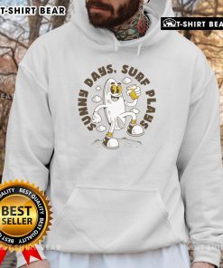 Retro surfboard cartoon hoodie featuring sunny days and surf plays design, perfect for beach lovers and surf enthusiasts.