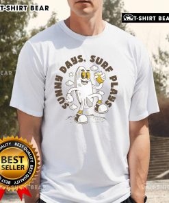 Alt Text: Retro surfboard cartoon design on a T-shirt celebrating sunny days and surf plays, perfect for beach lovers.