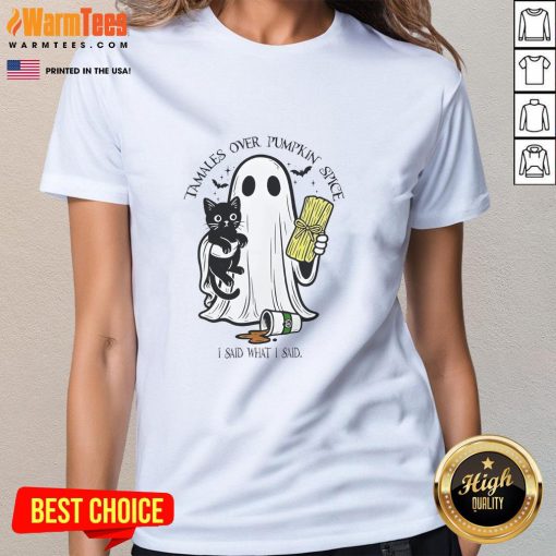 Retro Halloween tee featuring 'Top Tamales Over Pumpkin Spice' design, perfect for festive ladies wear.