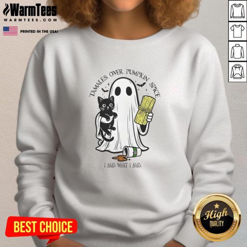 Retro Halloween sweatshirt featuring 'Top Tamales Over Pumpkin Spice' design, perfect for festive fall celebrations.