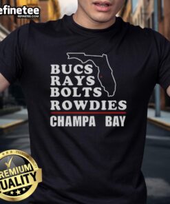 Top Tampa Bay Buccaneers Football T-Shirt featuring Bucs, Rays, Bolts, and Rowdies logos, perfect for sports fans.