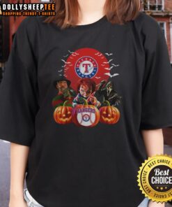 Top Texas Rangers MLB horror movie Halloween ladies tee featuring spooky graphics and team colors for festive fans.