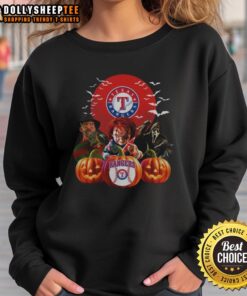 Top Texas Rangers MLB horror movie Halloween sweatshirt featuring spooky graphics and team logo, perfect for fans.