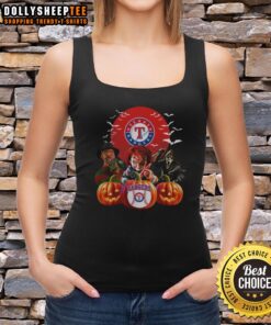 Top Texas Rangers MLB horror movie Halloween tank top featuring spooky graphics perfect for game day and Halloween celebrations.