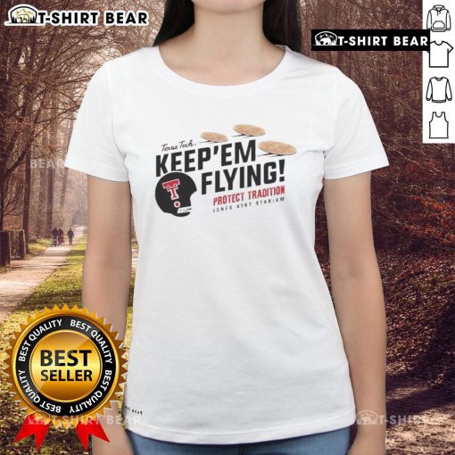 Top Texas Tech Red Raiders Football Keepem Flying Flour Bomb Tortilla Ladies Tee showcasing team spirit and style.