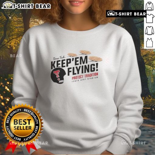Top Texas Tech Red Raiders football 'Keepem Flying' tortilla sweatshirt featuring vibrant team colors and logo design.