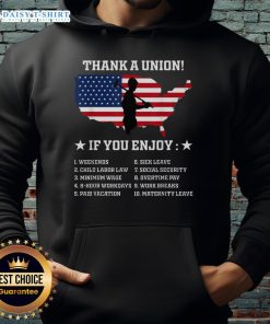 Top Thank a Union Pro Labor Rights American Worker Union Pride Hoodie displayed on a model in a vibrant setting.