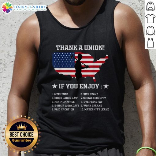 Top thank a union pro labor rights American worker union pride tank top featuring bold graphics and vibrant colors.