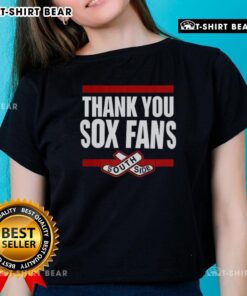 Alt Text: Top Thank You Sox Fans South Side Ladies Tee featuring a stylish design for Chicago White Sox supporters.