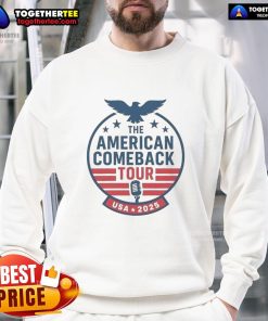Charlie Kirk sweatshirt from the Top The American Comeback Tour USA 2025, featuring bold graphics and patriotic colors.