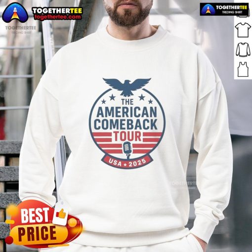 Charlie Kirk sweatshirt from the Top The American Comeback Tour USA 2025, featuring bold graphics and patriotic colors.