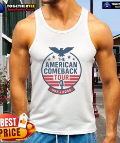 Charlie Kirk wearing a tank top from the Top The American Comeback Tour USA 2025, showcasing patriotic themes.