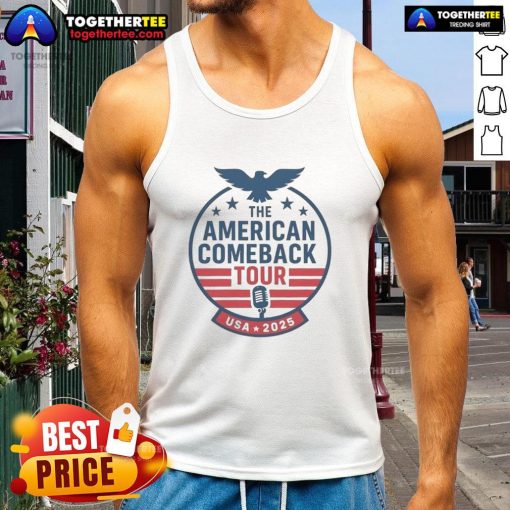 Charlie Kirk wearing a tank top from the Top The American Comeback Tour USA 2025, showcasing patriotic themes.