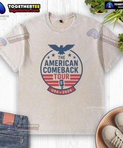 Charlie Kirk wearing a washed T-shirt promoting the Top The American Comeback Tour USA 2025.