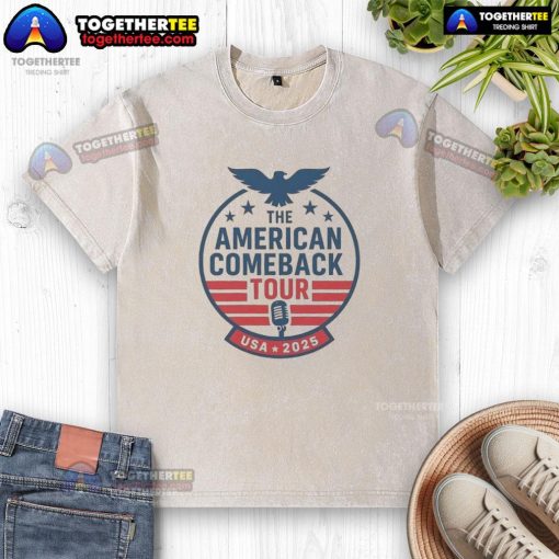 Charlie Kirk wearing a washed T-shirt promoting the Top The American Comeback Tour USA 2025.