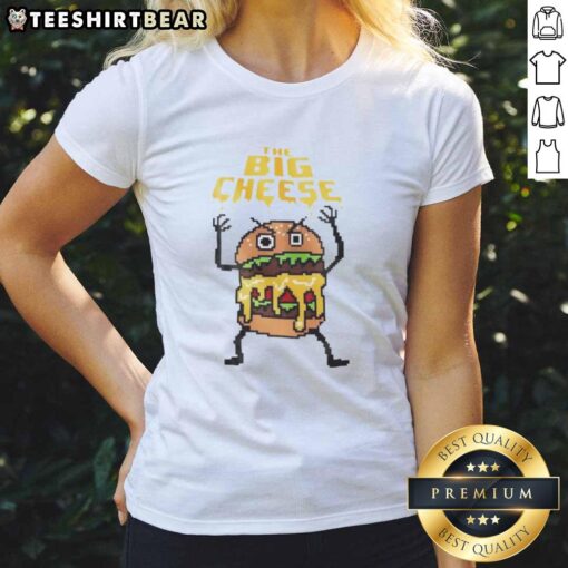 Top The Big Cheeseburger 8-Bit Graphic Ladies Tee featuring a retro burger design on a stylish women's shirt.