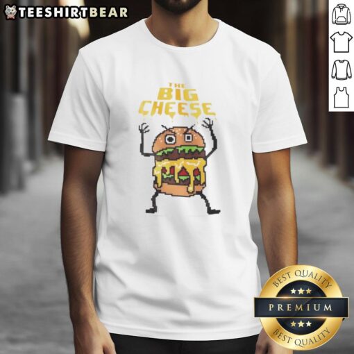 Top The Big Cheeseburger 8 Bit Graphic T-Shirt featuring a colorful pixel art cheeseburger design for retro style fans.