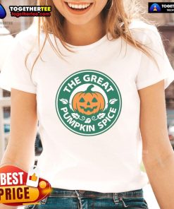 Stylish Top The Great Pumpkin Spice Ladies Tee featuring autumn-themed graphics, perfect for fall fashion enthusiasts.
