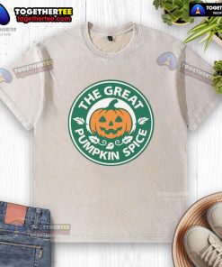 Top The Great Pumpkin Spice washed t-shirt featuring a festive pumpkin design, perfect for fall fashion enthusiasts.