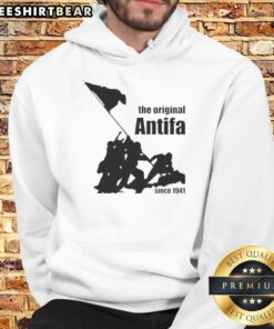 Top-The-Original-Antifa-Since-1941-Hoodie in black with bold white text, showcasing a stylish anti-fascist design.