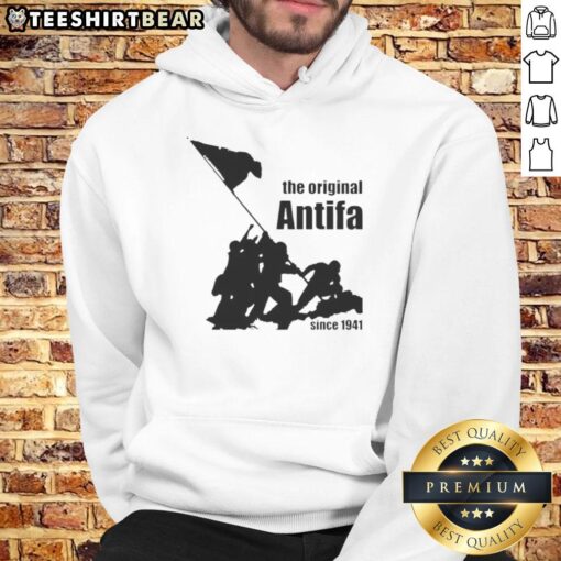 Top-The-Original-Antifa-Since-1941-Hoodie in black with bold white text, showcasing a stylish anti-fascist design.