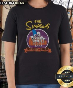 Top The Simpsons Treehouse of Horror Ladies Tee featuring iconic Halloween characters in vibrant colors.