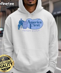 Top Trump America First Barrel America Is Back Hoodie showcasing patriotic design in red, white, and blue colors.