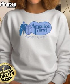 Alt Text: Top Trump America First Barrel sweatshirt featuring 'America Is Back' slogan, perfect for patriotic fashion enthusiasts.