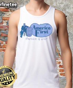 Top Trump America First Barrel Tank Top featuring 'America is Back' slogan, perfect for patriotic fashion enthusiasts.