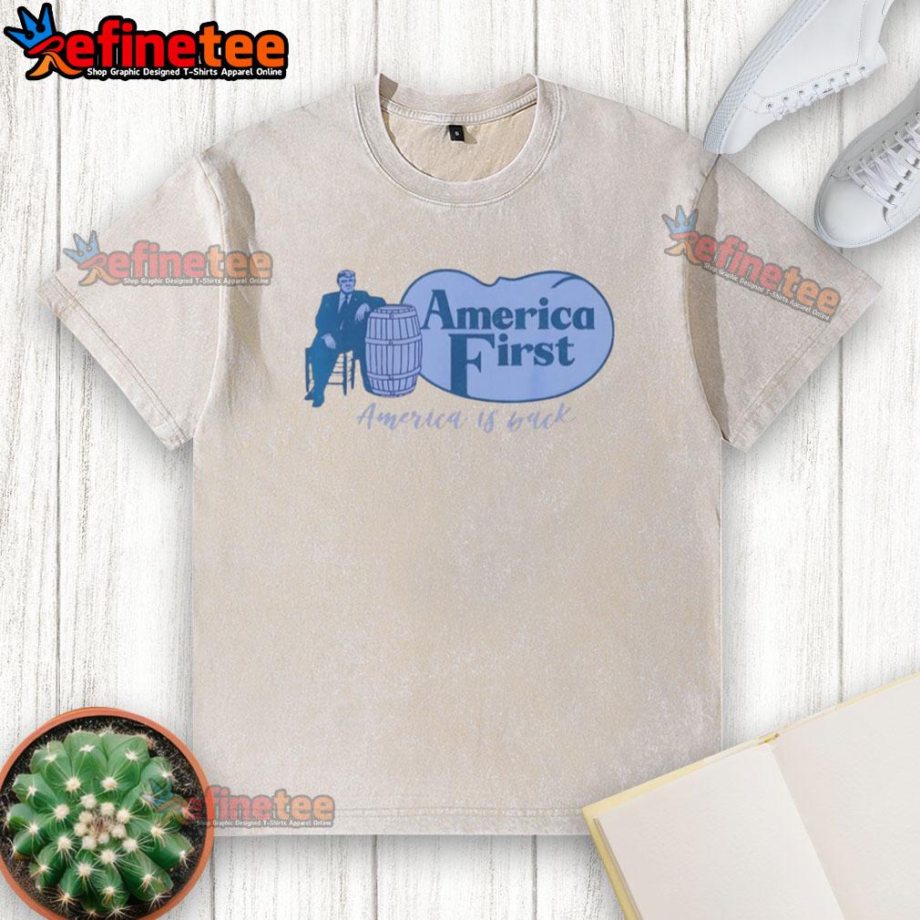 Top Trump America First Barrel America Is Back Washed T Shirt America First Barrel T-Shirt: Stylish washed tee showcasing patriotic design, perfect for fans of American pride.