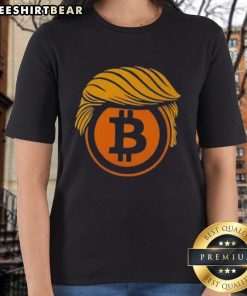 Top Trump Hair Bitcoin Crypto Ladies Tee featuring a playful graphic design celebrating cryptocurrency and fashion.