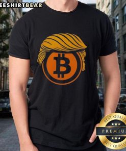 Top Trump Hair Bitcoin Crypto T-Shirt featuring a playful design of Trump with Bitcoin graphics for crypto enthusiasts.