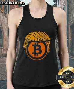 Top Trump Hair Bitcoin Crypto Tank Top featuring a fun graphic design for crypto enthusiasts and Trump supporters.